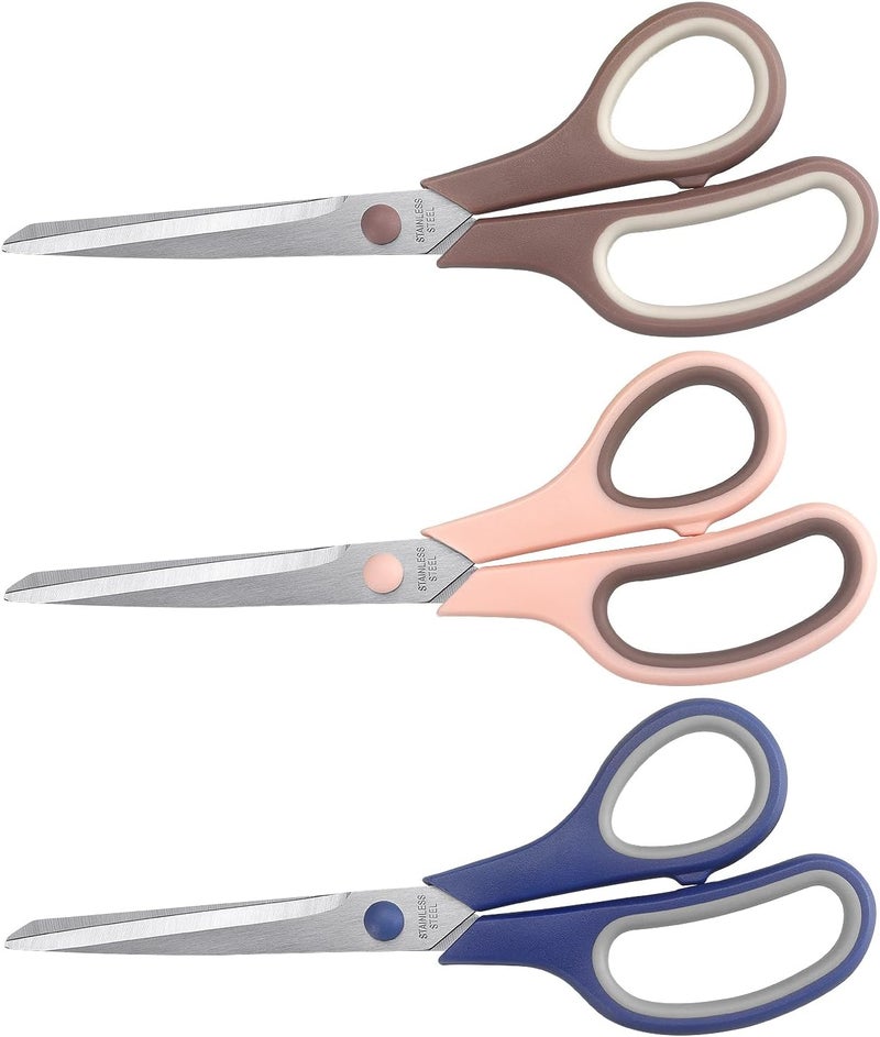 LONGKEY Scissors 8.5 Inch scissors all purpose Bulk Set of 3, Scissors for Office Home School Craft Supplies, Soft Comfort-Grip Right/Left Hand, Navy Blue, Pink, Brown - Image 1